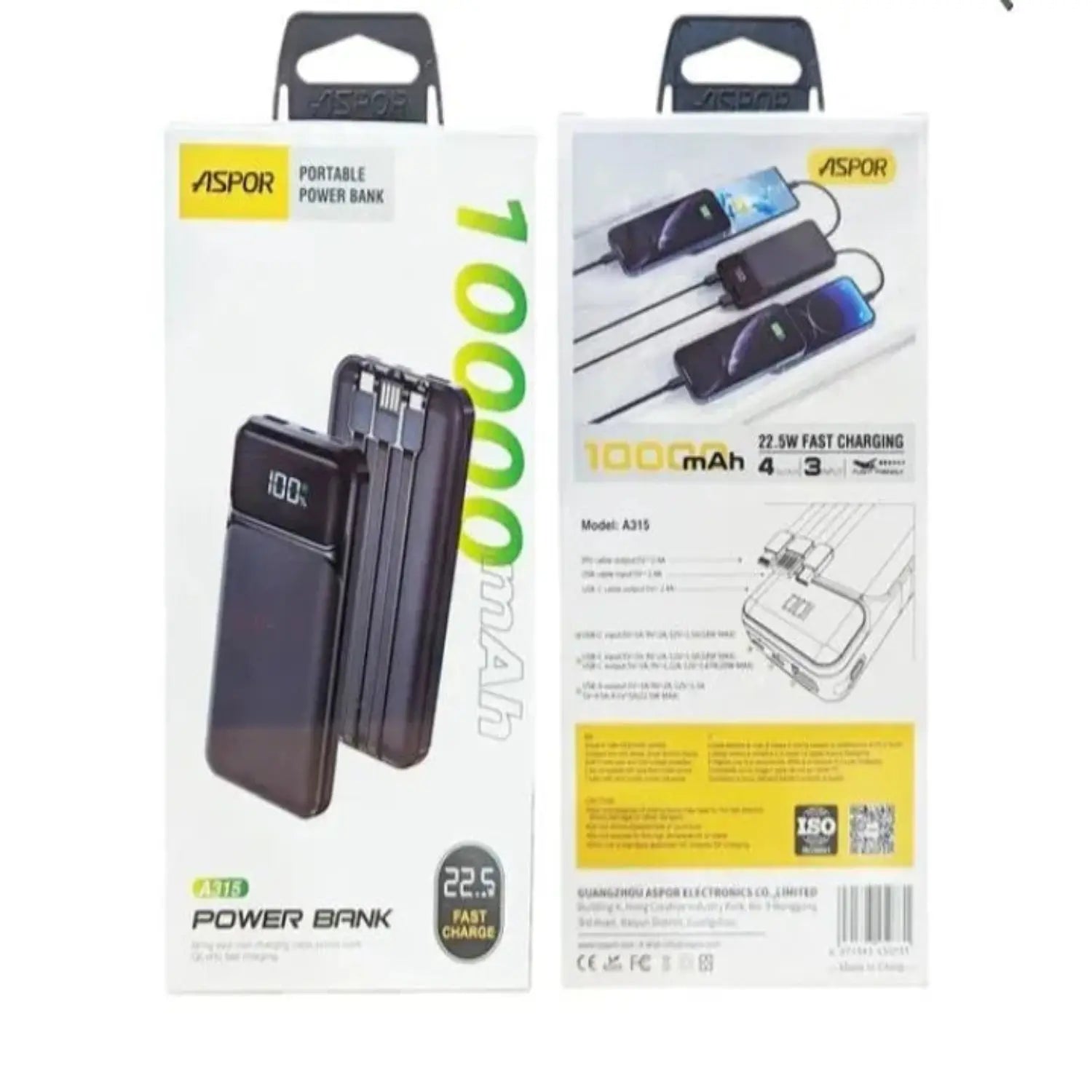ASPOR A315 10000mAh 22.5W High-Speed Power Bank with Built-in Cable | Price in Pakistan | Techcooked.pk