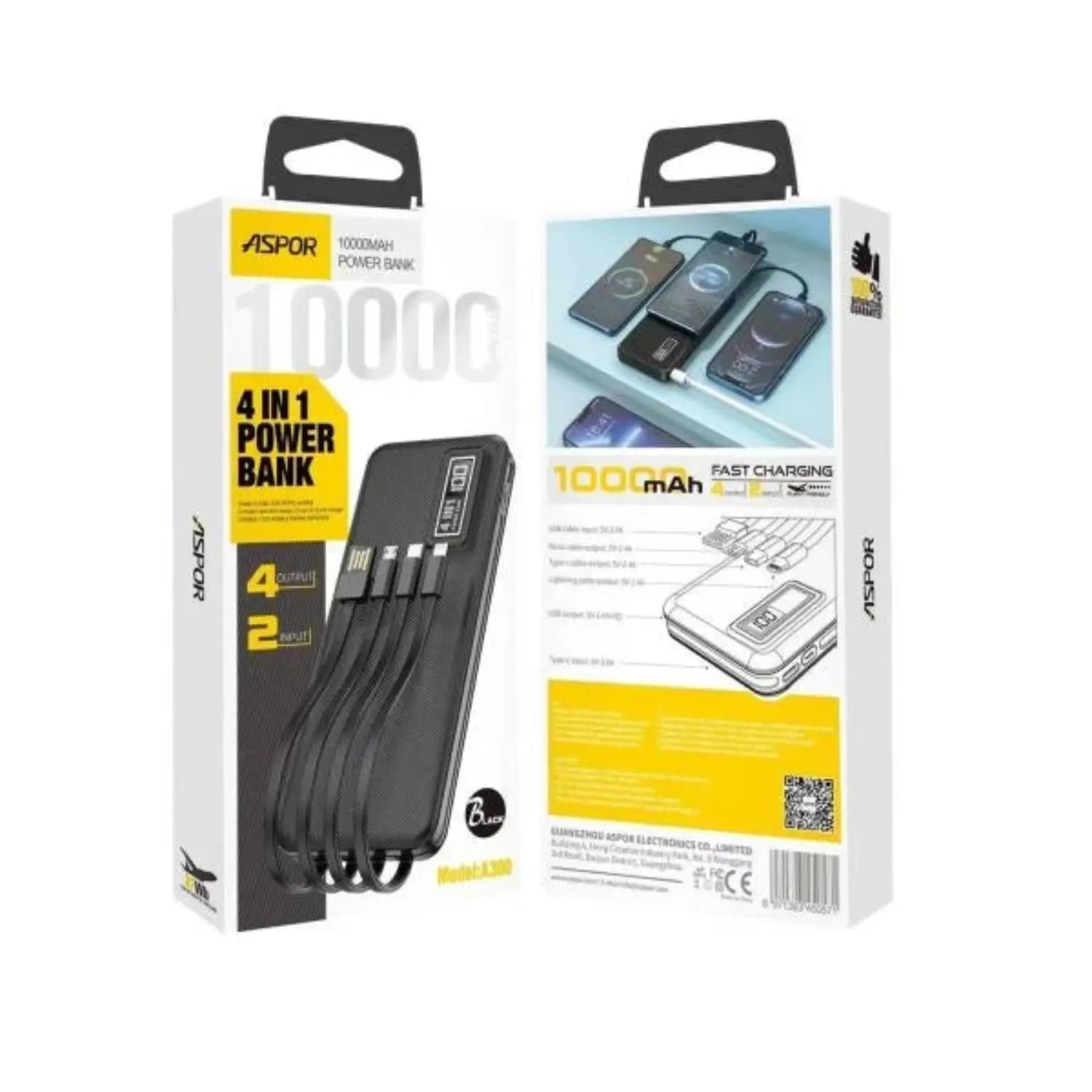 Aspor A300 PD 10000mAh 22.5W 4-in-1 Fast Charging Power Bank LCD Display | Price in Pakistan | Techcooked.pk