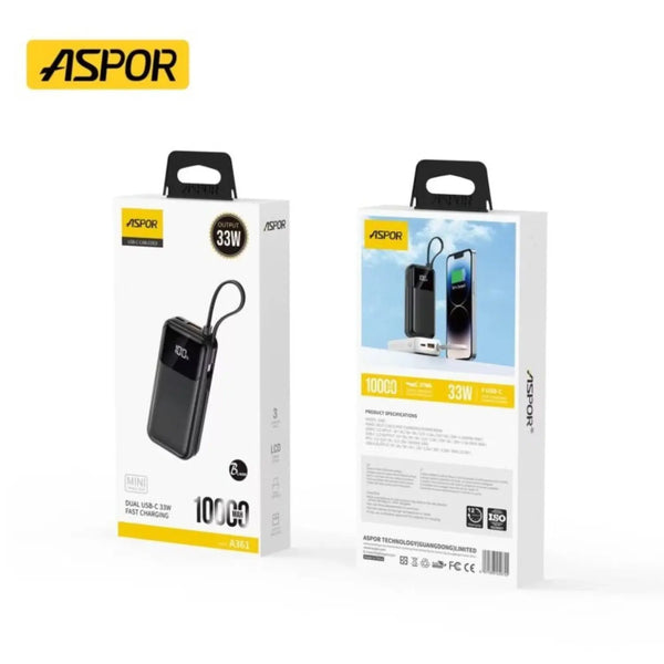 Aspor A361 10000mAh 33W Built-in Cable Power Bank Smart Charging | Price in Pakistan | Techcooked.pk