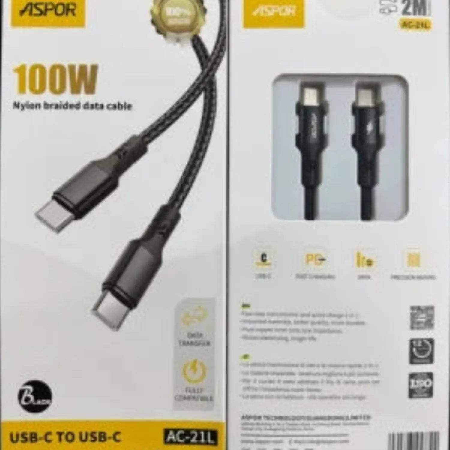 Aspor AC-21L 100W Nylon Type-C to Type-C Cable 2M | Price in Pakistan | Techcooked.pk