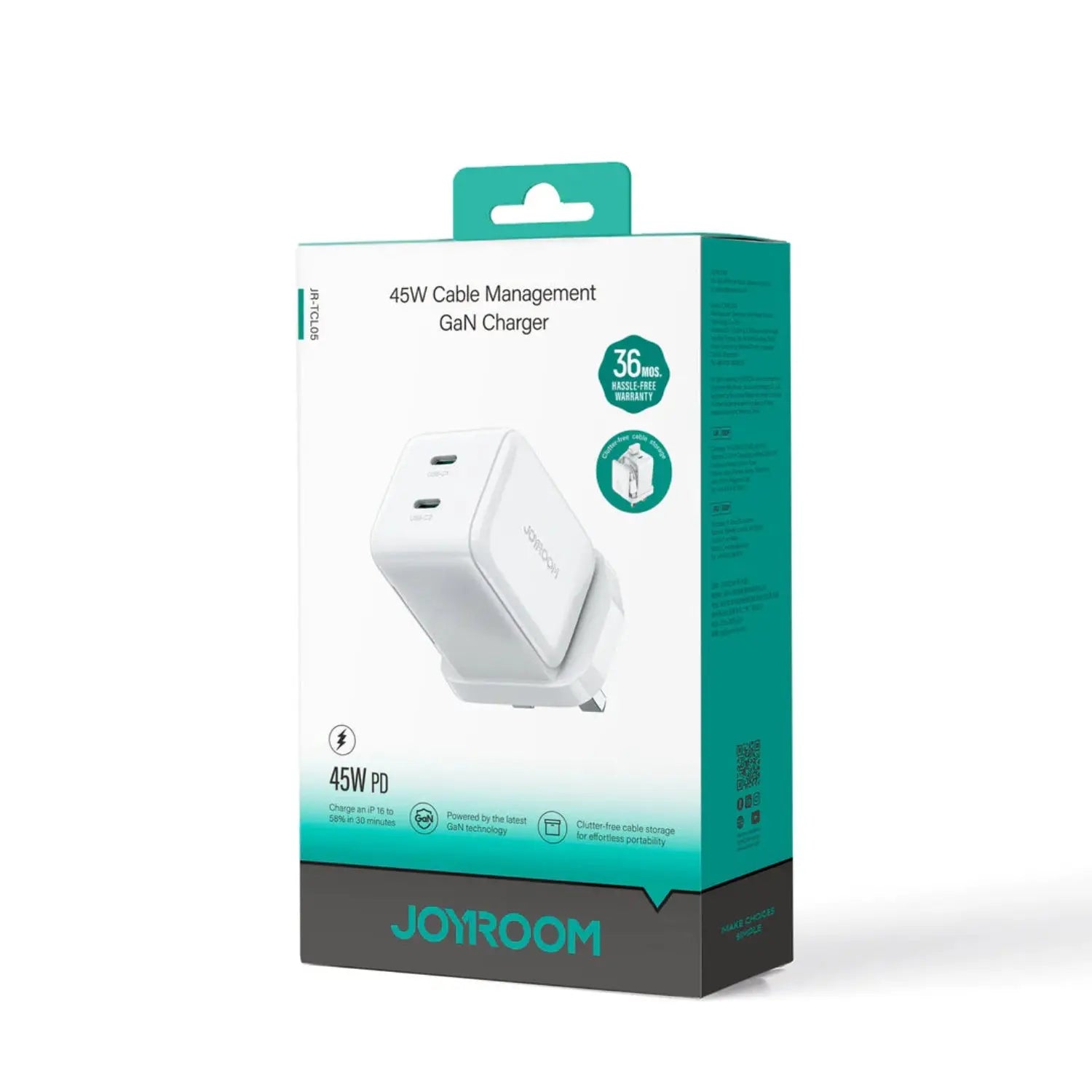 JOYROOM JR-TCL05 45W Cable Management GaN Charger – White (UK) | Price in Pakistan | Techcooked.pk