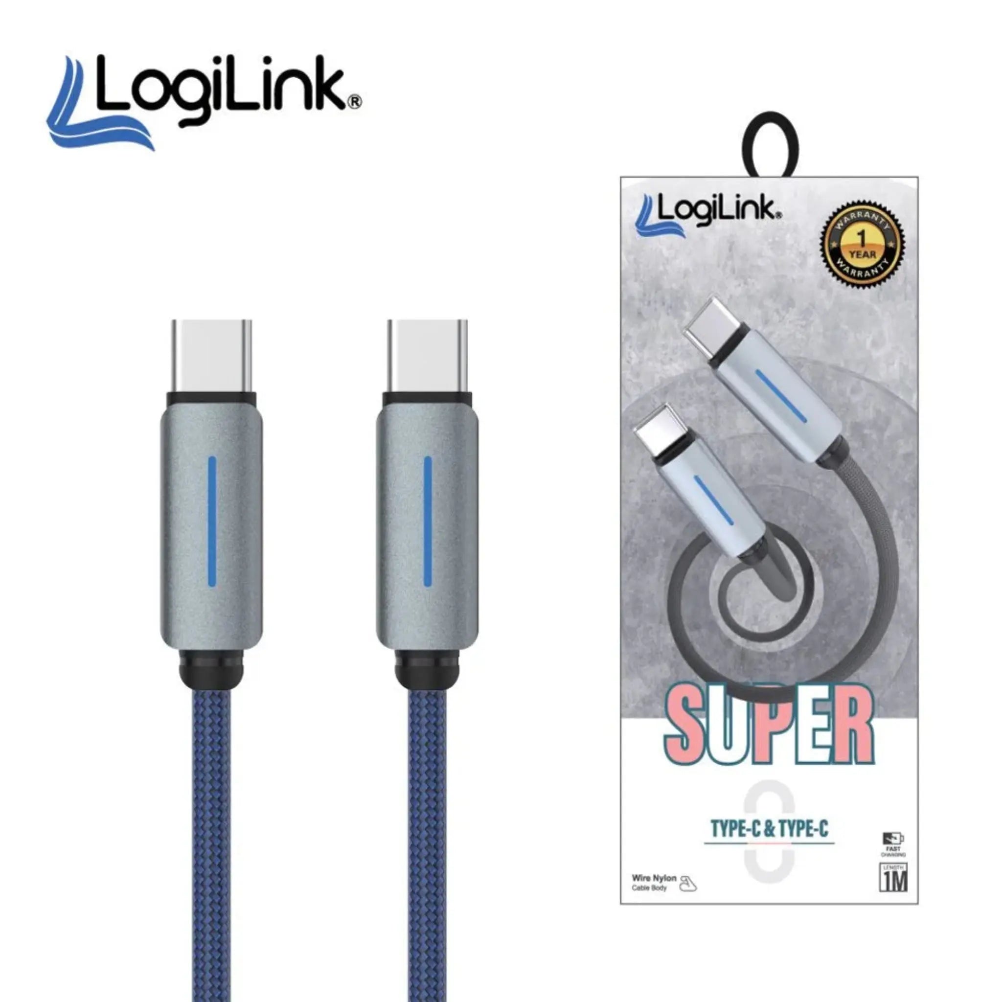 LogiLink Type-C to Type-C Nylon Fast Charging Data Cable with Light 1m ( Blue ) – Best Price in Pakistan | Techcooked.pk