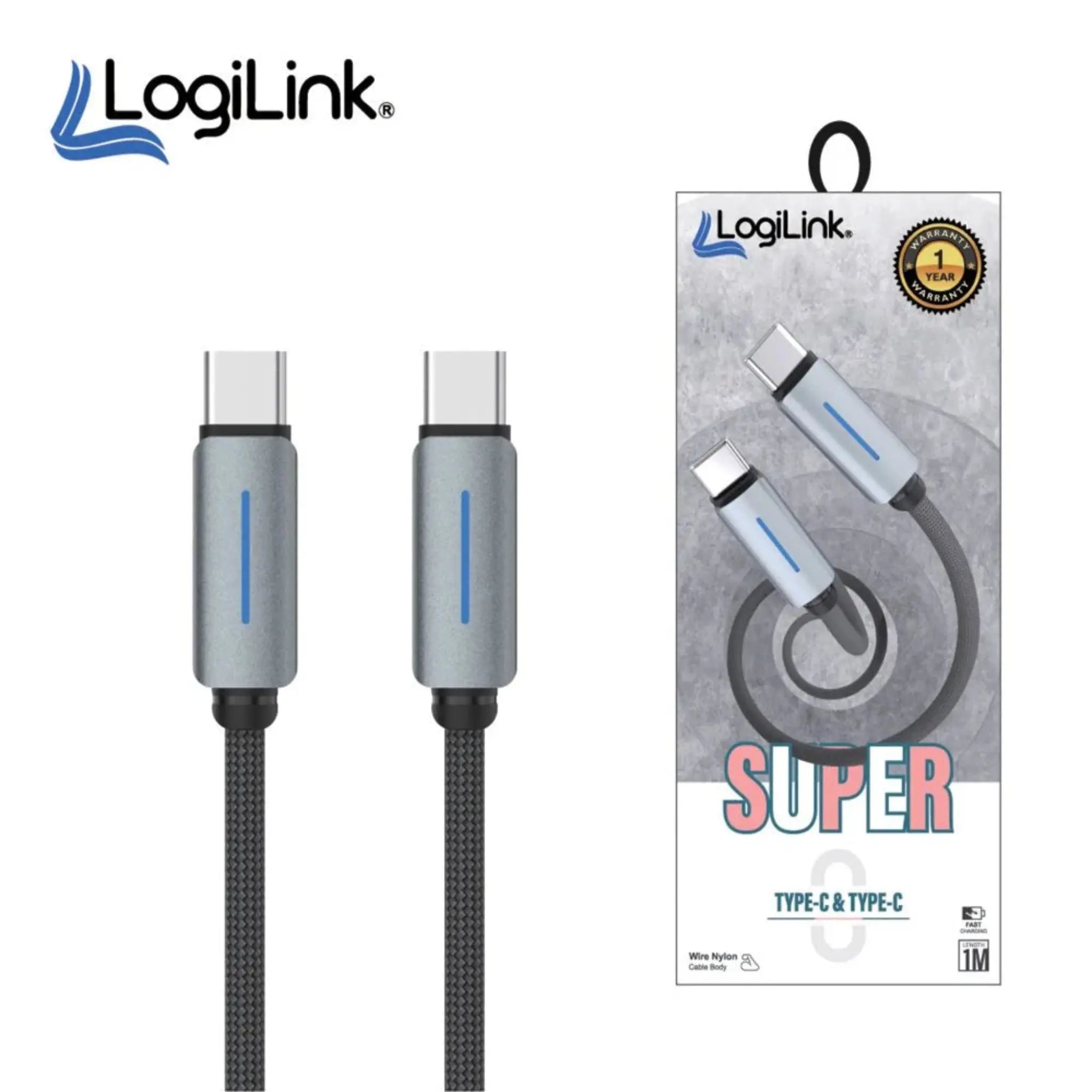 LogiLink Type-C to Type-C Nylon Fast Charging Data Cable with Light 1m ( Grey ) – Best Price in Pakistan | Techcooked.pk