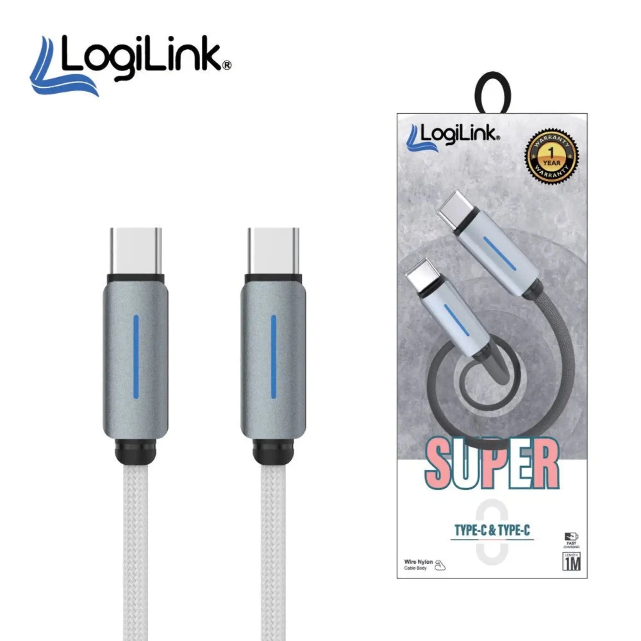 LogiLink Type-C to Type-C Nylon Fast Charging Data Cable with Light 1m (White ) – Best Price in Pakistan | Techcooked.pk